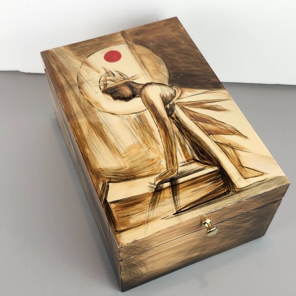 Asian-Inspired Artwork Wooden Lacquered Hinged Box